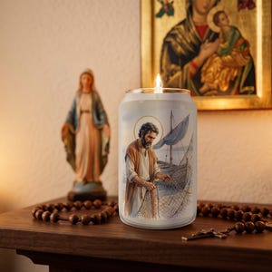 Vela de soja perfumada de San Andrés Apóstol, vela devocional católica tradicional.