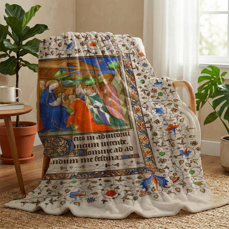 Nativity plush blanket draped over a chair beside a window