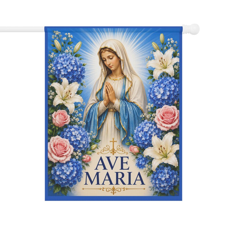 Ave Maria Virgin Mary Garden Flag | Religious Outdoor Banner, Floral Shrine image 2