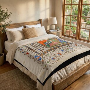 Nativity plush blanket spread over a wooden bed beside a sunlit garden window