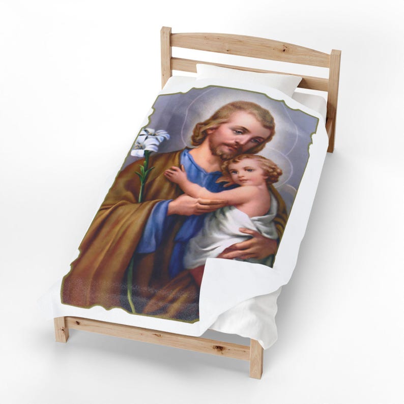 Lilies of St. Joseph Velveteen Blanket, Catholic Nursery Throw, Godfather or New Baby Baptism Gift image 1