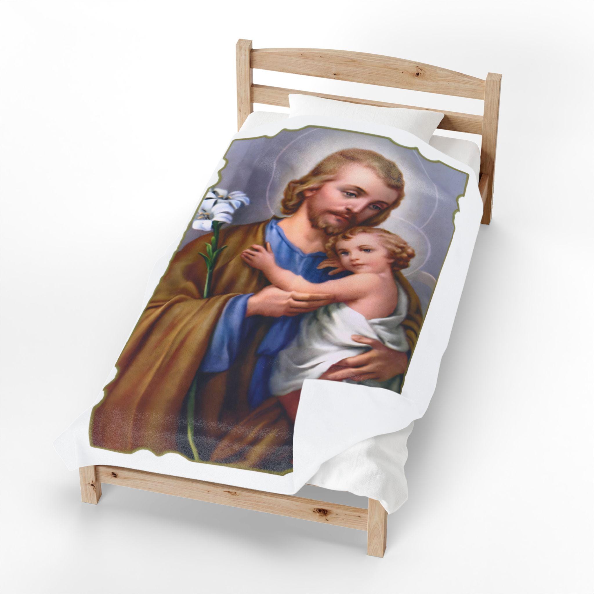 Lilies of St. Joseph Velveteen Blanket, Catholic Nursery Throw, Godfather or New Baby Baptism Gift