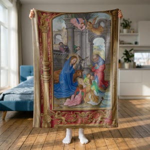 Nativity plush blanket held up to show its full size in a bright room