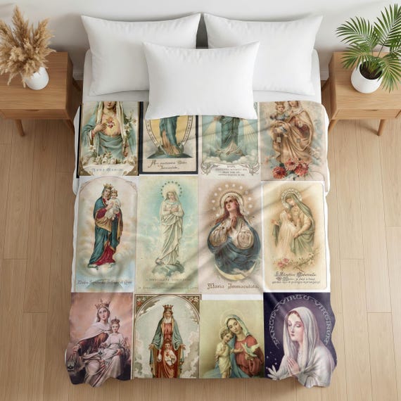 Virgin Mary Holy Card Throw Blanket, Catholic Gift for Mom or Grandma, Marian Devotional Blanket