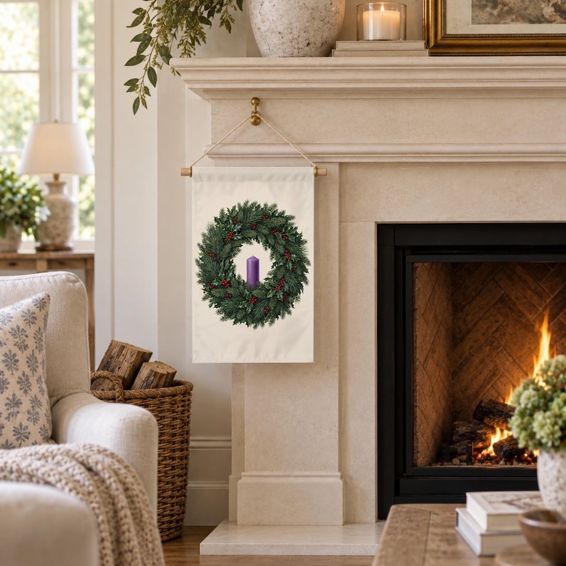 Advent garden flag hung from a wooden dowel beside a lit fireplace