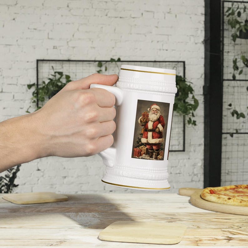 Old Fashioned Santa Claus Stein Mug, St. Nick Christmas Gift for Dad Mom Grandpa Grandma, Gold Trim Holiday Beer Mug image 6