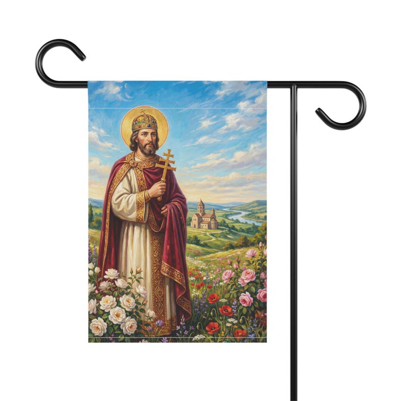 Bandera de jardín de San Esteban de Hungría, estandarte del santo patrón católico húngaro, decoración tradicional católica para exteriores. imagen 2
