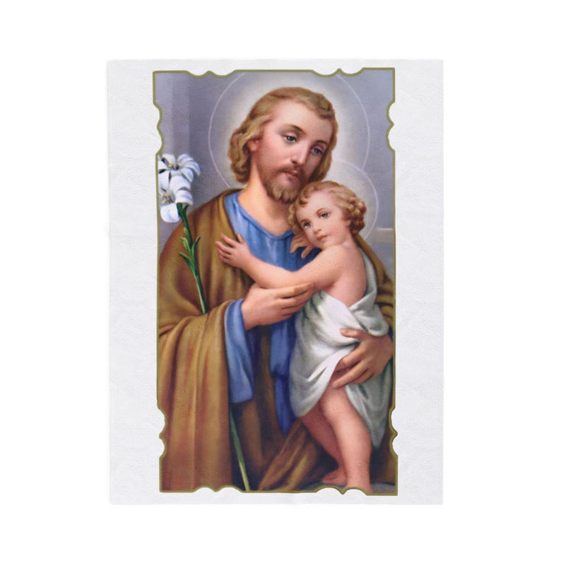 Lilies of St. Joseph Velveteen Blanket, Catholic Nursery Throw, Godfather or New Baby Baptism Gift image 2