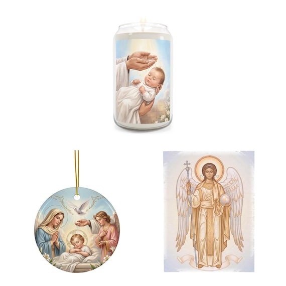 Baby Baptism Gift Set, Baptism Candle and Ceramic Ornament, Guardian Angel Baby Blanket Option, Catholic Christening Gift for Godchild