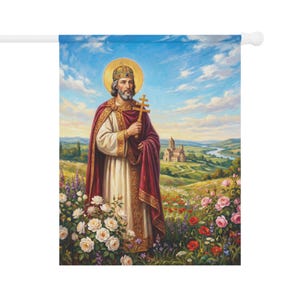 Bandera de jardín de San Esteban de Hungría, estandarte del santo patrón católico húngaro, decoración tradicional católica para exteriores. imagen 6