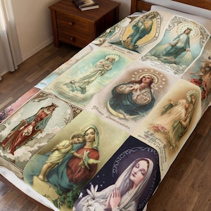 Virgin Mary Holy Card Throw Blanket, Catholic Gift for Mom or Grandma, Marian Devotional Blanket image 1