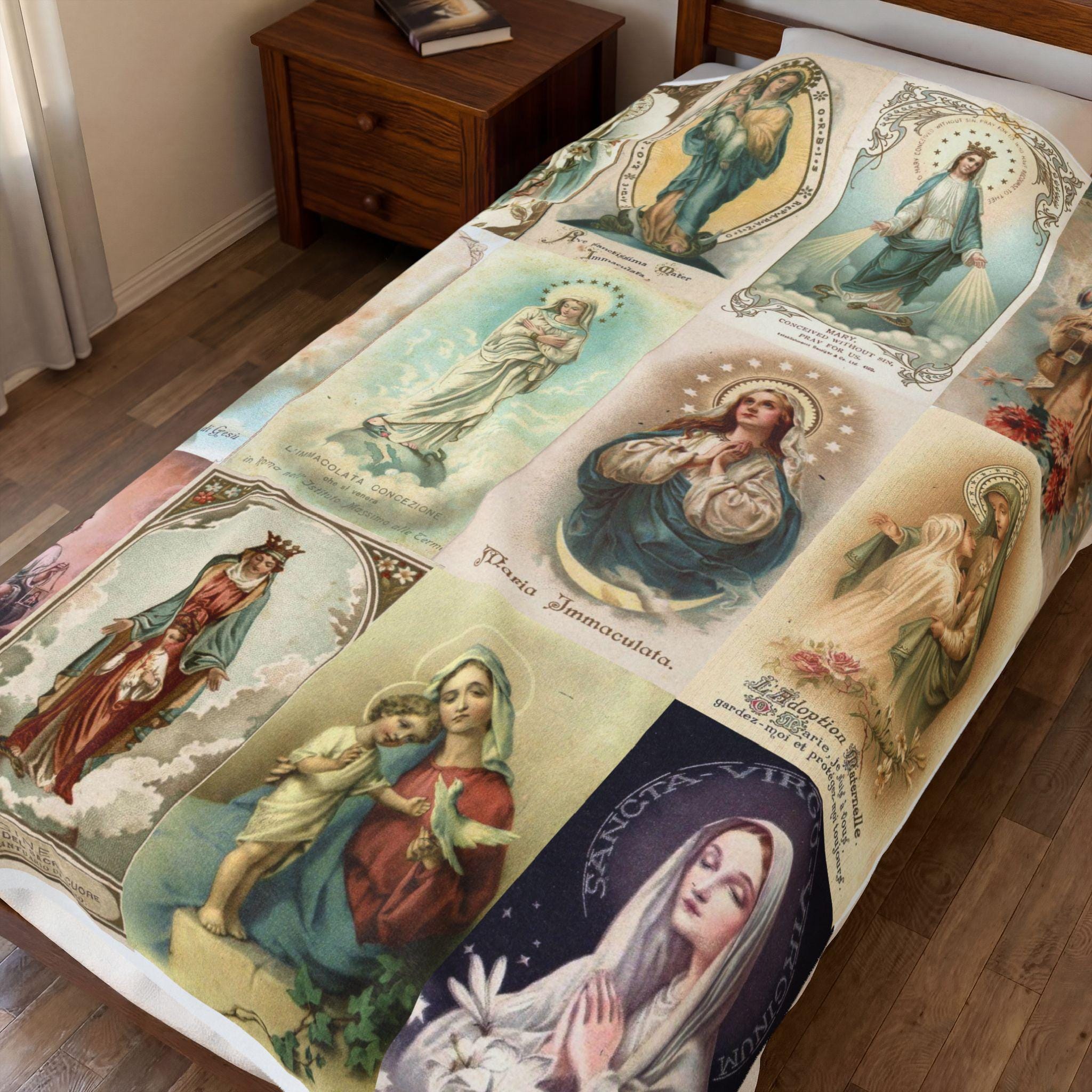 Virgin Mary Holy Card Throw Blanket, Catholic Gift for Mom or Grandma, Marian Devotional Blanket