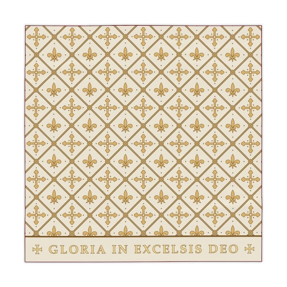 Christmas Home Altar Cloth, 55 Inch Square White and Gold Fleur-de-Lis Brocade-Pattern, Latin Gloria In Excelsis Deo, Prayer Table Cover