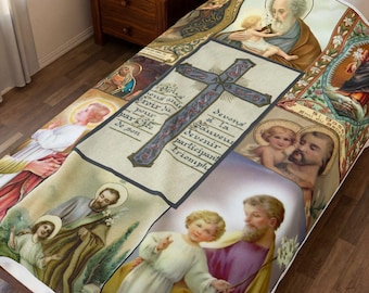 Patron of the Church St. Joseph Velveteen Blanket, Antique Holy Card Catholic Throw for Home or Prayer Space