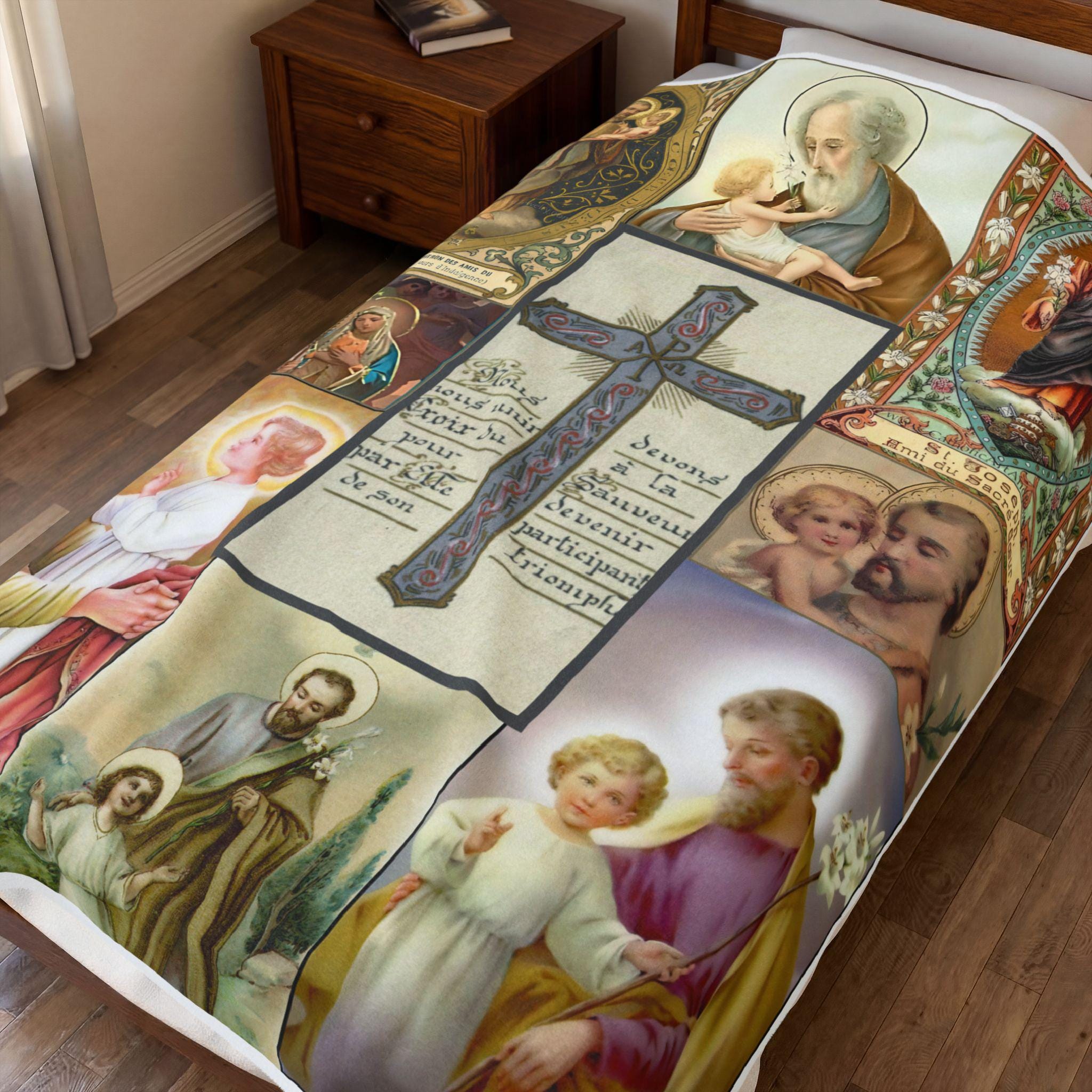 Patron of the Church St. Joseph Velveteen Blanket, Antique Holy Card Catholic Throw for Home or Prayer Space