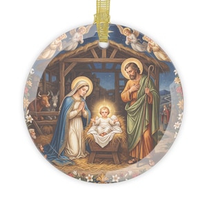 Holy Family Glass Ornament, Catholic Christmas Tree Decor, Nativity Gift for Grandparent Godparent Teacher image 1