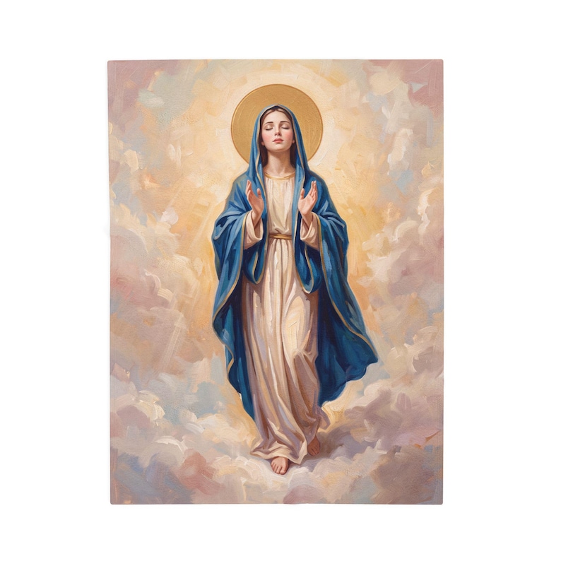 Assumption of Mary Velveteen Blanket, Soft Catholic Throw, Marian Devotional Gift image 1