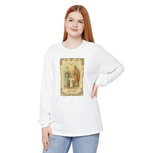 Holy Family Catholic Long Sleeve Shirt, Antique Holy Card Garment Dyed Tee, Traditional Catholic Gift