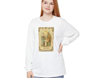 Holy Family Catholic Long Sleeve Shirt, Antique Holy Card Garment Dyed Tee, Traditional Catholic Gift