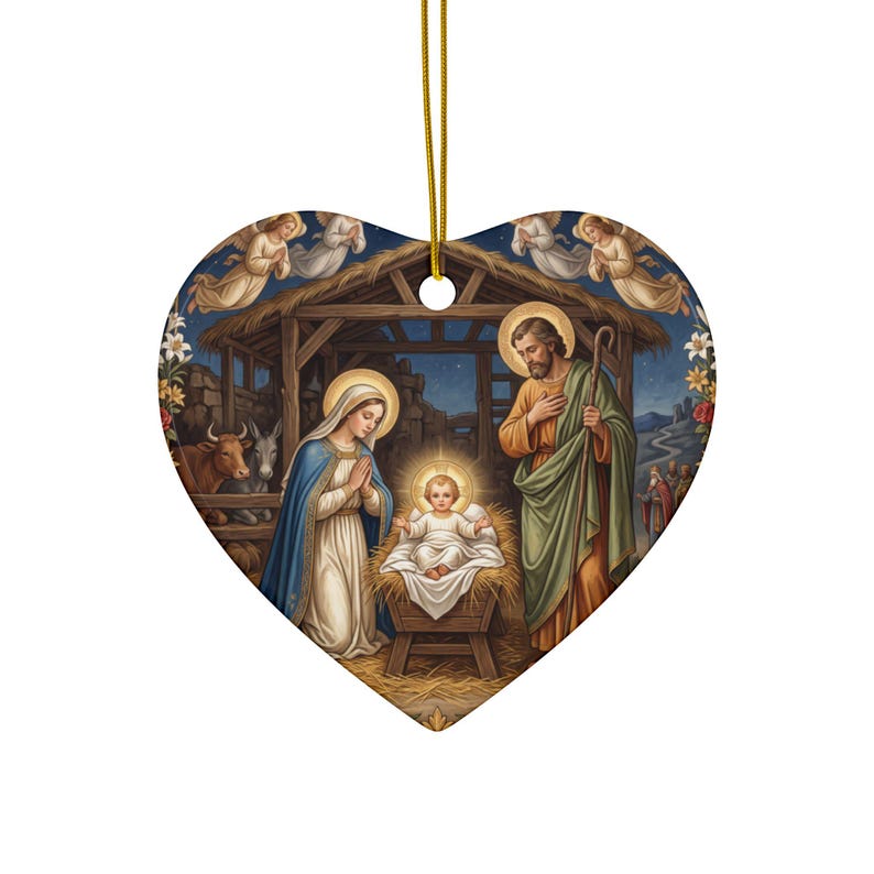 Ceramic Nativity Ornament, Catholic Christmas Keepsake Gift for Grandparent Godparent Teacher, Two-Sided Holy Family image 4