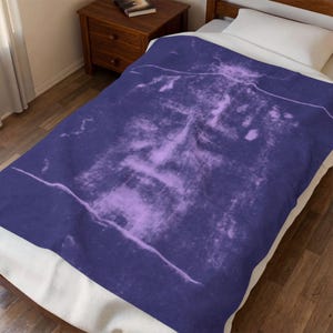 Shroud of Turin Blanket, Holy Face of Jesus Catholic Gift, Purple Velveteen Plush Throw for Prayer Room or Home image 2