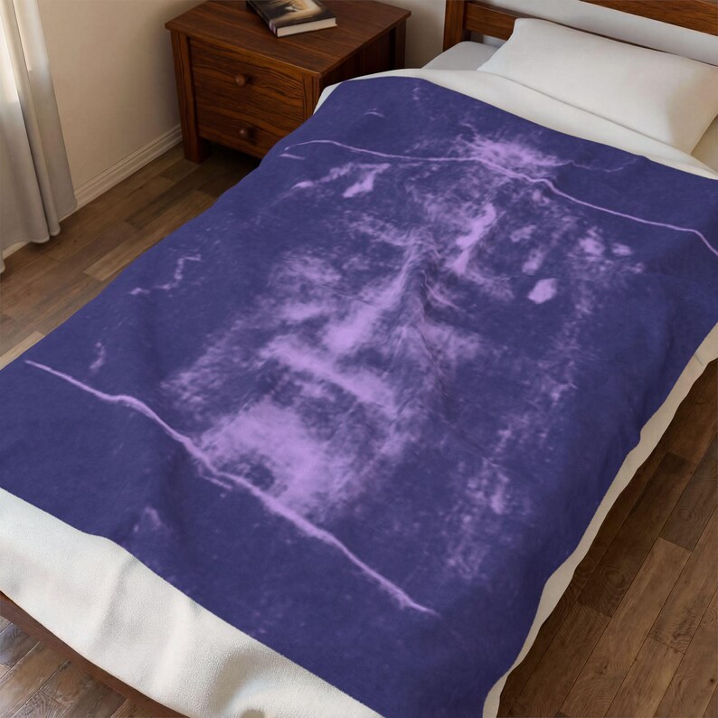 Shroud of Turin Blanket, Holy Face of Jesus Catholic Gift, Purple Velveteen Plush Throw for Prayer Room or Home image 2