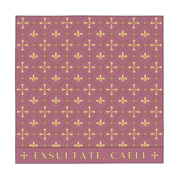 Gaudete Sunday Home Altar Cloth, 55 Inch Square Rose Fleur-de-Lis Brocade-Pattern, Latin Exsultate Caeli, Prayer Table Cover