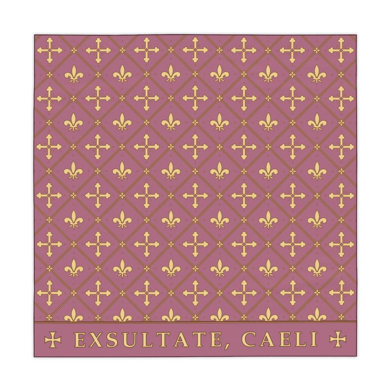 A 55 x 55 tablecloth with a mauve background featuring a repeating pattern of gold fleur-de-lis and ornate crosses arranged in diamond shapes, with text reading 'EXSULTATE, CAELI' along the bottom border