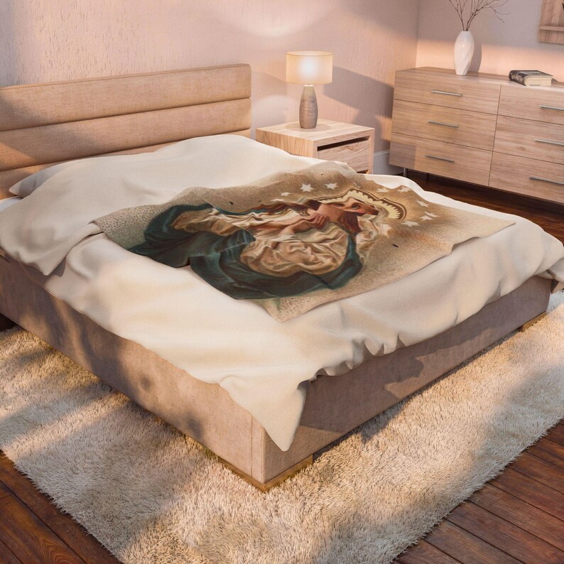 Virgin Mary Velveteen Plush Blanket, Marian Catholic Throw Blanket, Our Lady Devotional Gift for Catholic Home or Prayer Space image 9