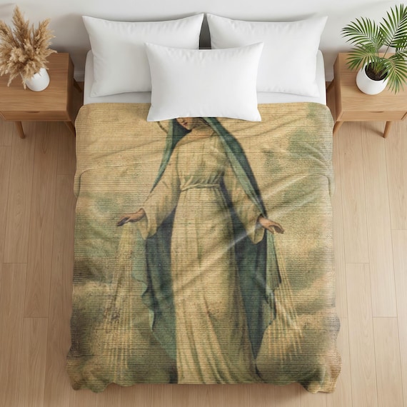 Virgin Mary Velveteen Plush Blanket, Marian Devotional Throw, Catholic Gift for Mom or Prayer Home