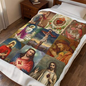 Sacred Heart of Jesus Blanket, Catholic Devotional Throw, Marian Collage Plush Blanket Gift image 6