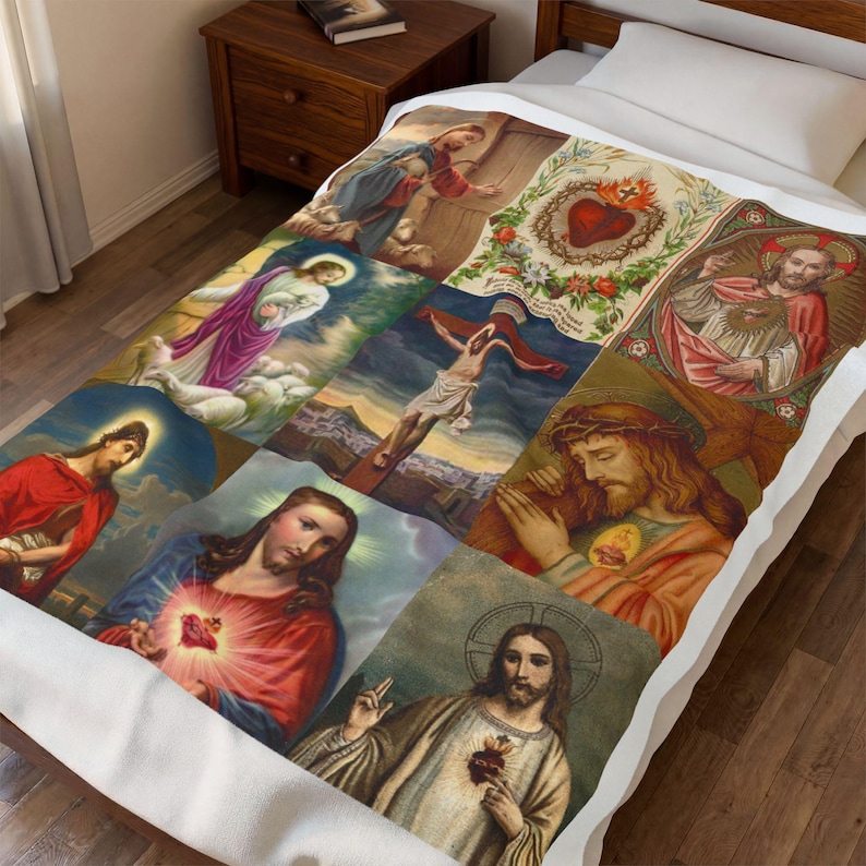 Sacred Heart of Jesus Blanket, Catholic Devotional Throw, Marian Collage Plush Blanket Gift image 6
