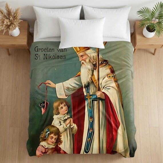 St. Nicholas Santa Claus Catholic Blanket, Vintage Holy Card Christmas Throw, Catholic Christmas Gift for Family