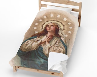 Virgin Mary Velveteen Plush Blanket, Marian Catholic Throw Blanket, Our Lady Devotional Gift for Catholic Home or Prayer Space