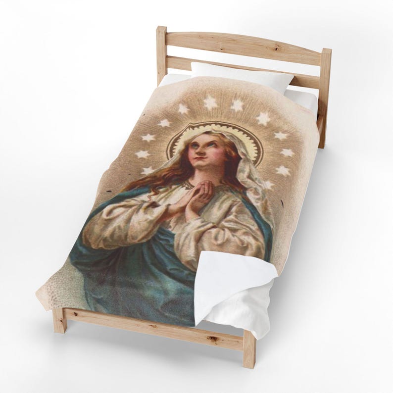 Virgin Mary Velveteen Plush Blanket, Marian Catholic Throw Blanket, Our Lady Devotional Gift for Catholic Home or Prayer Space image 1