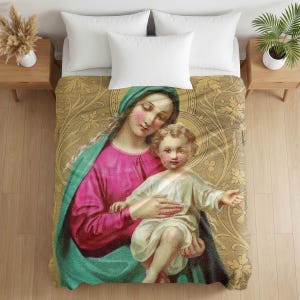 Madonna and Child Blanket, Green Mantle Velveteen Throw, Marian Devotional Gift