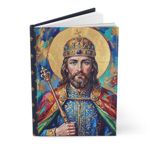 Another view of St. Stephen of Hungary lined journal, with the prayer typeset on the back cover, navy and gold fleur-de-lis spine, opened