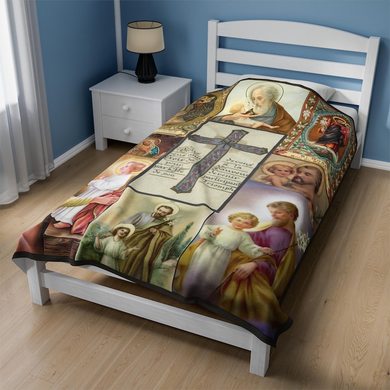St. Joseph Antique Holy Card Velveteen Plush Blanket | Catholic Devotional Throw image 1