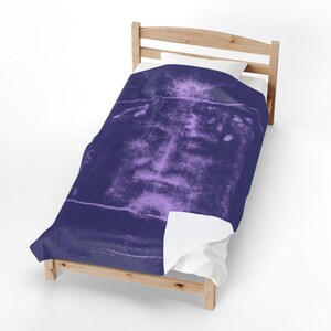 Shroud of Turin Blanket, Holy Face of Jesus Catholic Gift, Purple Velveteen Plush Throw for Prayer Room or Home image 1