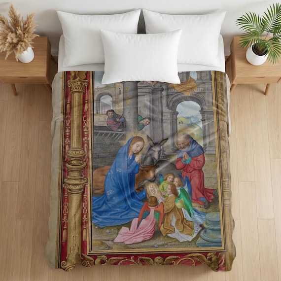 The Nativity by Simon Bening Velveteen Blanket, Sacred Art Throw, Catholic Christmas