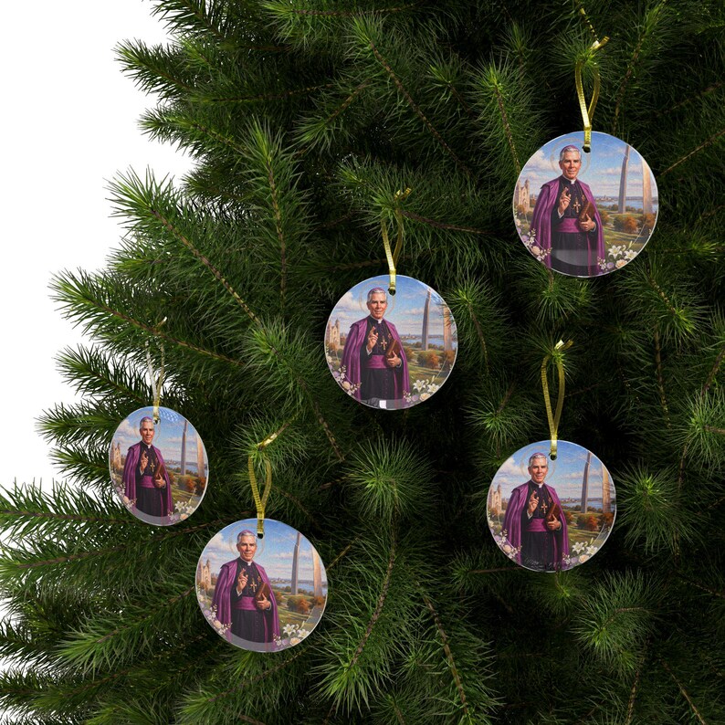 Fulton Sheen Glass Ornament, Catholic Christmas Gift, Blessed Archbishop Tree Decoration image 8