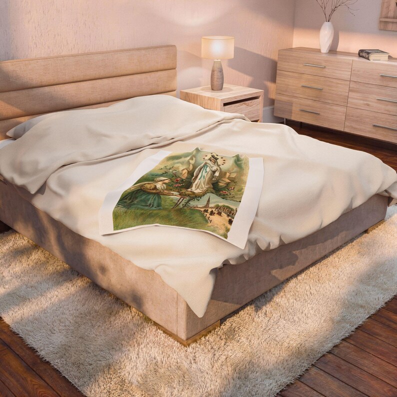 Our Lady of Lourdes Blanket, Catholic Marian Throw, Vintage Holy Card Gift for Catholic Mom or Prayer Home image 4