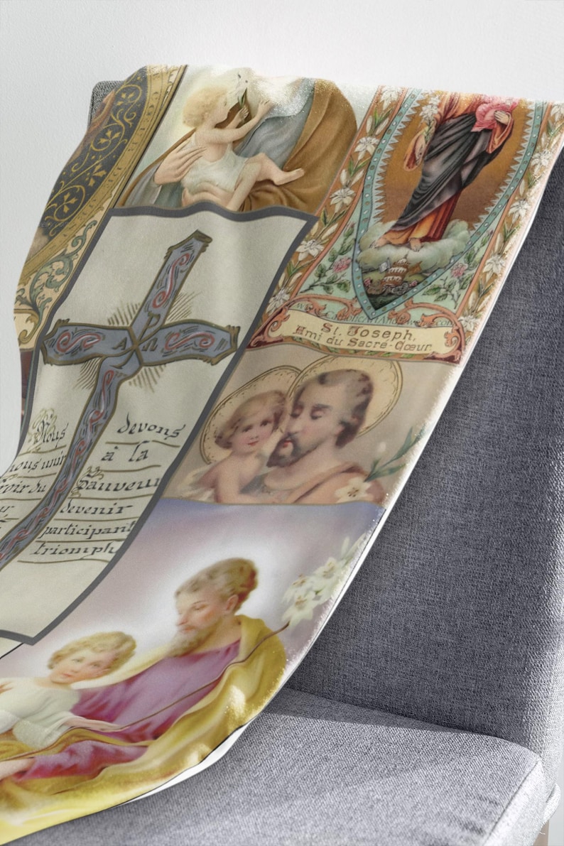 St. Joseph Antique Holy Card Velveteen Plush Blanket | Catholic Devotional Throw image 2