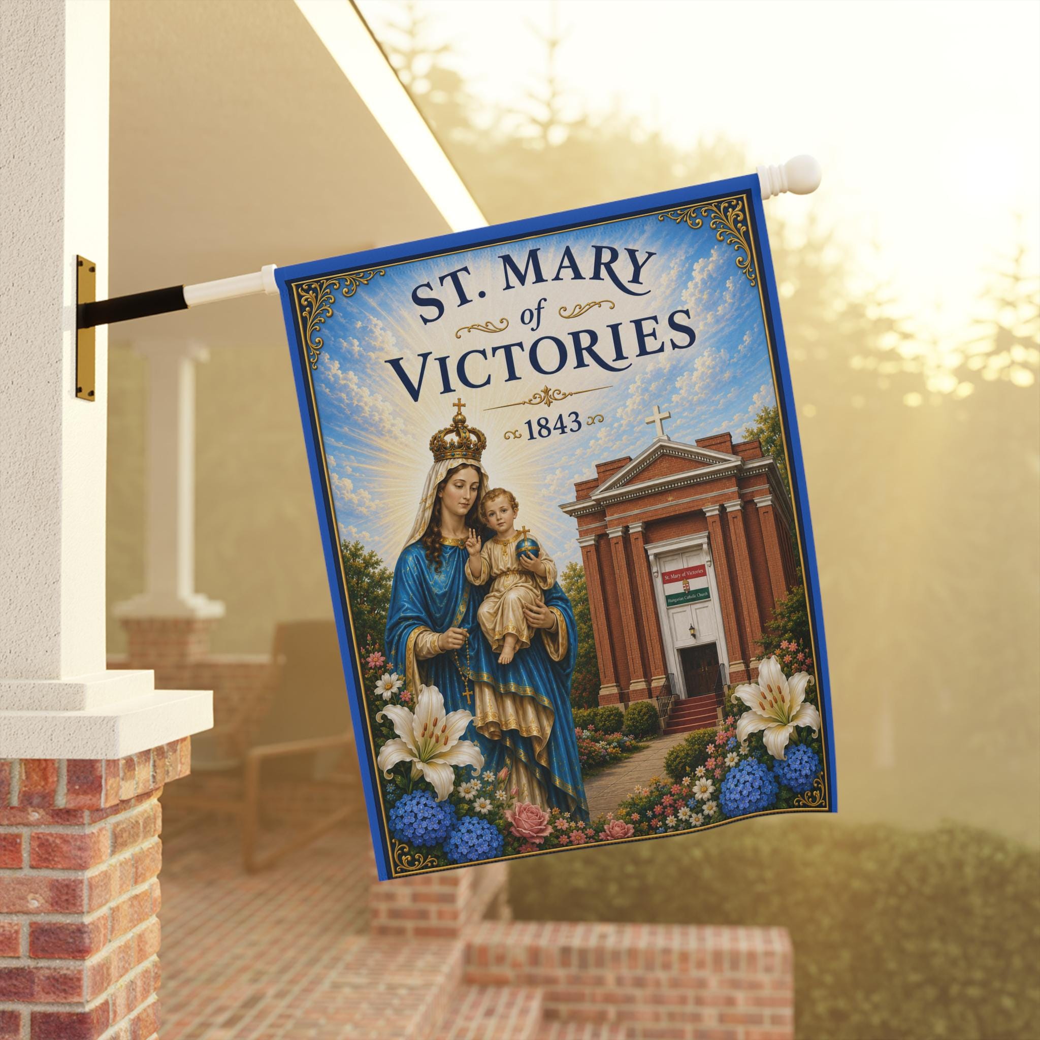 St. Mary of Victories Garden Flag, Catholic Outdoor Banner, Marian Devotional Flag for Home Shrine