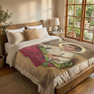 Christmas plush blanket spread over a wooden bed beside a sunlit garden window