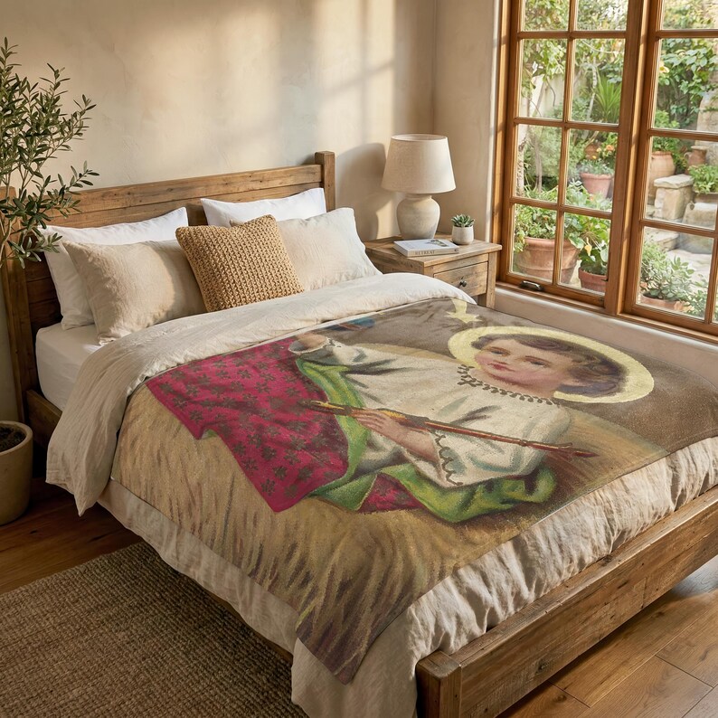 Christmas plush blanket spread over a wooden bed beside a sunlit garden window