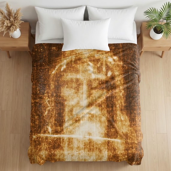 Holy Face Throw Blanket, Shroud of Turin Catholic Gift, Soft Velveteen Prayer Blanket for Home or Bedroom