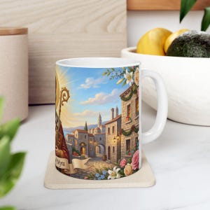 Photograph of St. Nicholas ceramic mug, in use