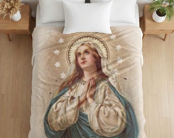 Virgin Mary Velveteen Plush Blanket, Marian Catholic Throw Blanket, Our Lady Devotional Gift for Catholic Home or Prayer Space