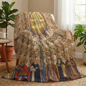 All Saints plush blanket draped over a chair beside a window
